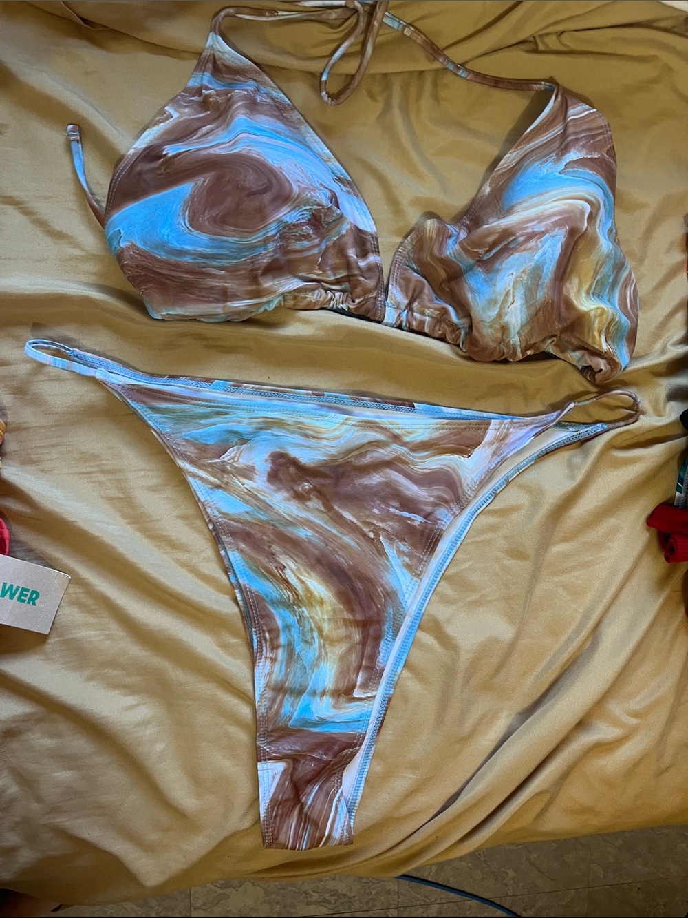 SHEIN Brown and Blue Marble Print Triangle Bikini